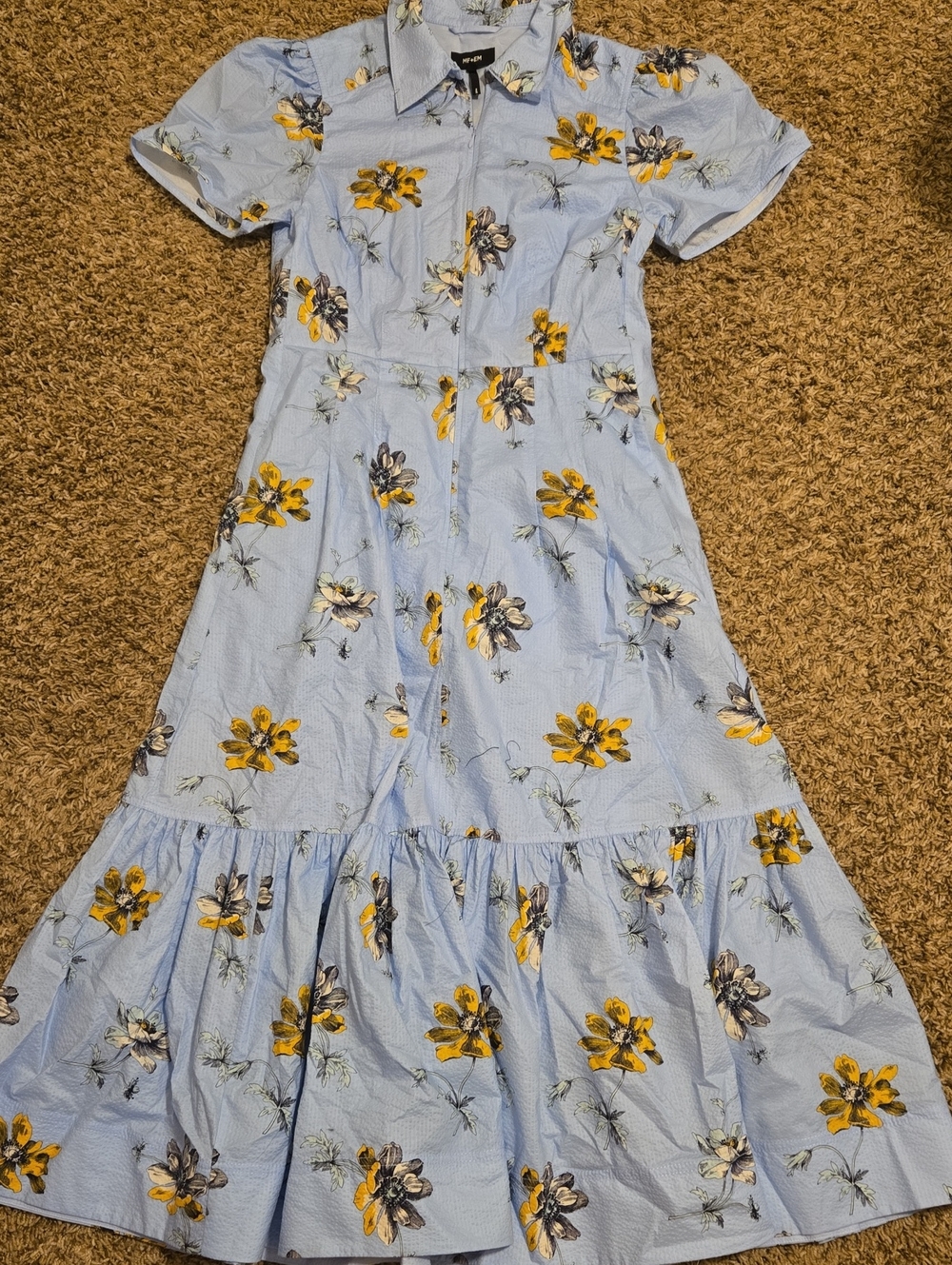 ME+EM Light Blue Floral Cotton Dress with Yellow and Gray Blooms
